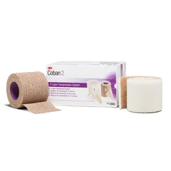 3M 2 Layer Compression Bandage System Coban™ 2 x 1-3/10 Yard / 2 x 3 Yard 35 – 40 mmHg Self-adherent Closure Tan / White NonSterile, 1KT/BX, 8BX/CS