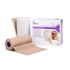3M 2 Layer Compression Bandage System Coban™ 6 x 3-4/5 Yard / 6 x 4-9/10 Yard 35 – 40 mmHg Self-adherent Closure Tan / White NonSterile, 1KT/BX, 8BX/CS