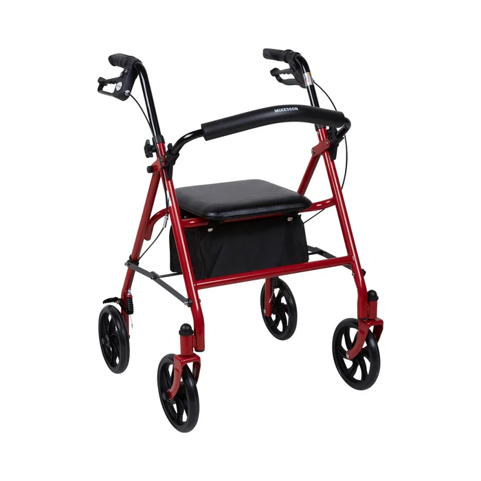 4 Wheel Rollator McKesson Red Adjustable Height / Folding Steel Frame
