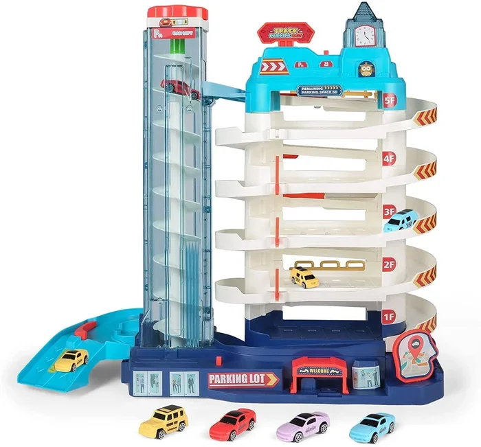 5-Level Car Parking Garage Toy with Race Tracks, Car Ramp Set for 3+Year-Olds