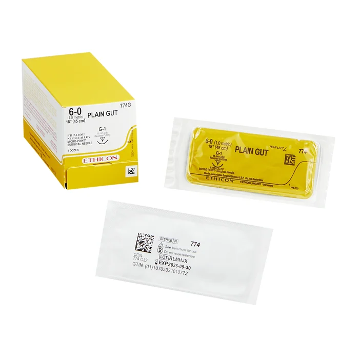 Absorbable Suture with Needle Plain Gut G-1 3/8 Circle Precision Reverse Cutting Needle Size 6 – 0, 12/Box