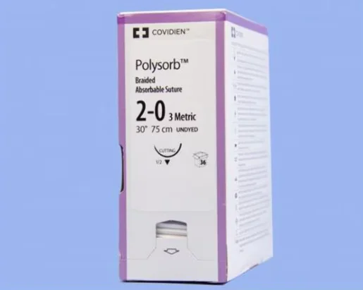 Absorbable Suture with Needle Polysorb Polyester GS -10 1/2 Circle Reverse Cutting Needle Size 2 – 0 Braided, CL-869, BX/36