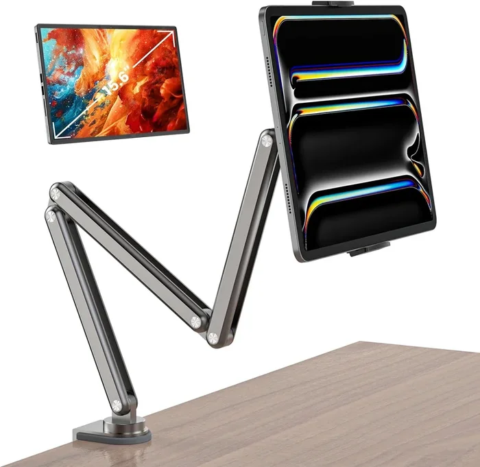 Adjustable Articulating Tablet Stand for Desk Aluminum Alloy Foldable Arm Mount Holder 360°, Universal VESA Clamp for iPad Samsung Tab