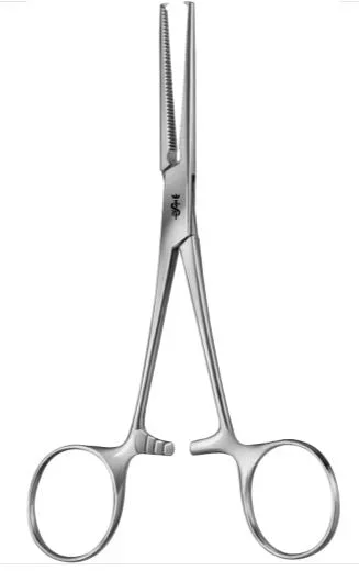 Aesculap Aesculap Hemostatic Forceps Rochester-Ochsner 6-1/4 Inch Surgical Grade Stainless Steel NonSterile Ratchet Lock Finger Ring Handle Straight Serrated Jaws w/1 X 2 Teeth – BH618R