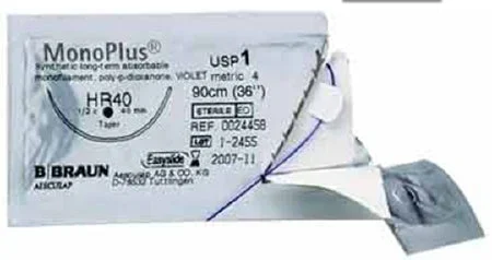 Aesculap MonoPlus Suture with Needle Absorbable Uncoated Violet Suture Monofilament Polydioxanone Size 3-0 70 cm Suture 1-Needle 26 mm Length 1/2 Circle Reverse Cutting Needle – C0024185