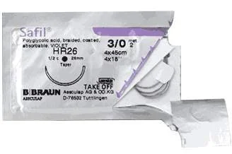 Aesculap Safil Suture with Needle Absorbable Coated Undyed Suture Braided Polyglycolic Acid Suture Size 4-0 70 cm Suture 1-Needle 17 mm Length 1/2 Circle Round Bodied Needle with Taper Point – C1049013
