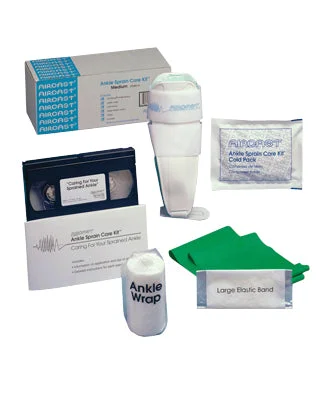Ankle Sprain Care Kit with AirSport Brace (medium/left), exercise band, cold pack, wrap, DVD – 24-2722L