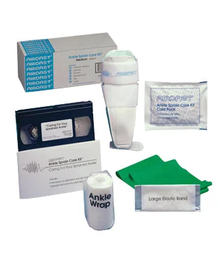 Ankle Sprain Care Kit with AirSport Brace (small/left), exercise band, cold pack, wrap, DVD – 24-2721L