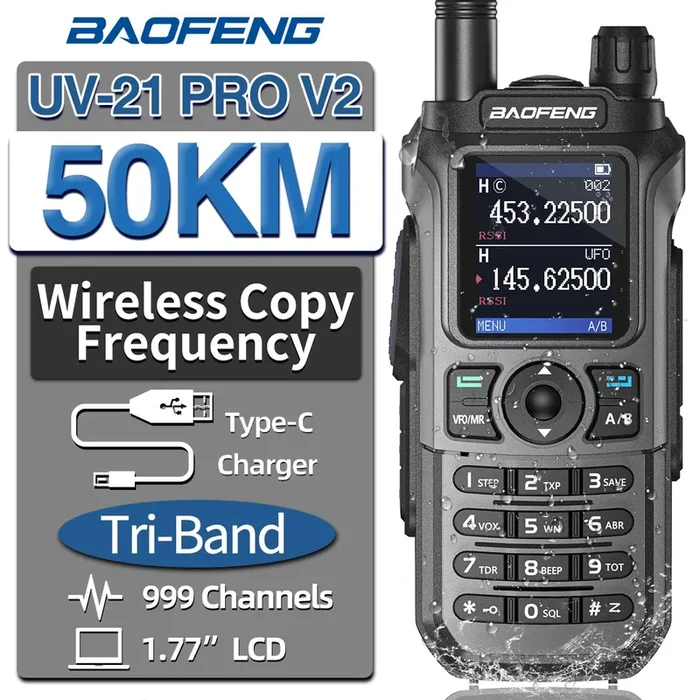 Baofeng UV-21 Pro V2 Wireless Walkie-Talkie Frequency Tri Band Powerful Waterproof Long Range UV-5R 22Pro S22 Type-C Two Way Radio