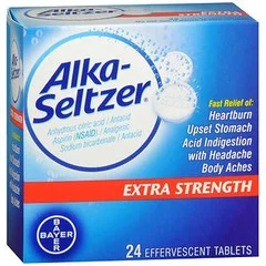 Bayer Pain Relief Alka-Seltzer® Extra Strength 1,000 mg – 500 mg – 1985 mg Strength Anhydrous Citric Acid / Aspirin / Sodium Bicarbonate Effervescent Tablet 24 per Box