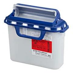 BD Recykleen™ Pharmaceutical Sharps Container, 12H X 12W X 4-4/5D, 5.4 Quart, White Base / Blue Lid, Horizontal Entry, Counter Balanced Door Lid