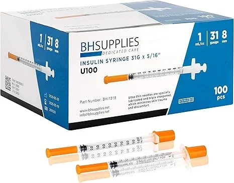 BH Supplies Insulin Syringes U-100 31G 1ml/cc 8mm (100 Count)