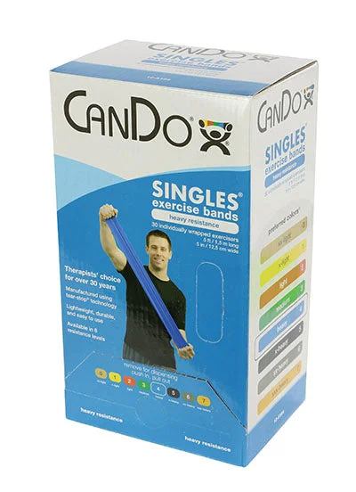 CanDo Low Powder Exercise Band – box of 30, 5′ length – Blue – heavy – 10-5184