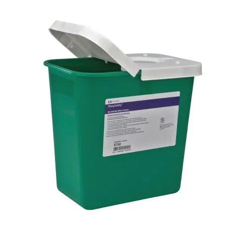Cardinal SharpSafety Non-Infectious Waste Container 1-Piece 10 H X 10-1/2 W X 7-1/4 D Inch 2 Gallon Green Base / White Lid Vertical Entry Hinged Lid – 8790-
