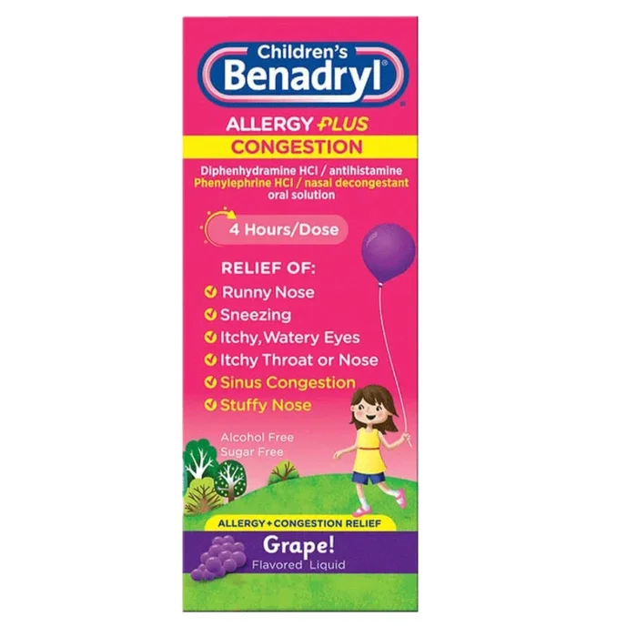 Children’s BENADRYL Allergy Plus Congestion Nasal Decongestant & Sinus Liquid Medicine for Kids