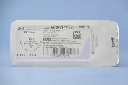 Coated Vicryl Plus Antibacterial Suture with Needle Absorbable Coated Undyed Suture Braided Polyglactin 910 with Irgacare MP Antibacterial Suture Size 2-0 18 Inch Suture 1-Needle 36.4 mm Length 1/2 Circle Reverse Cutting Needle