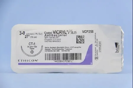 Coated Vicryl Plus Antibacterial Suture with Needle Absorbable Coated Undyed Suture Braided Polyglactin 910 with Irgacare MP Antibacterial Suture Size 3-0 27 Inch Suture 1-Needle 36 mm Length 1/2 Circle Taper Point Needle