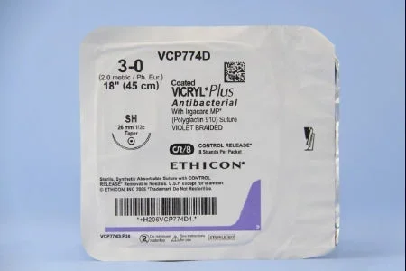 Coated Vicryl Plus Antibacterial Suture with Needle Absorbable Coated Violet Suture Braided Polyglactin 910 with Irgacare MP Antibacterial Suture Size 3-0 18 Inch Suture 1-Needle 26 mm Length 1/2 Circle Taper Point Needle