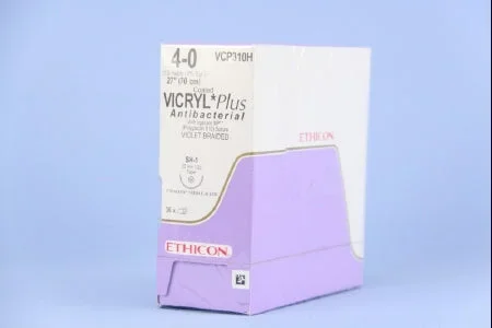 Coated Vicryl Plus Antibacterial Suture with Needle Absorbable Coated Violet Suture Braided Polyglactin 910 with Irgacare MP Antibacterial Suture Size 4-0 27 Inch Suture 1-Needle 22 mm Length 1/2 Circle Taper Point Needle