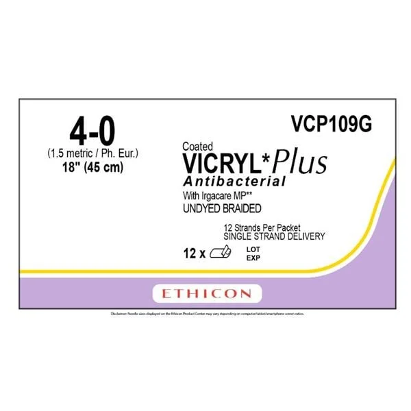 Coated Vicryl Plus Suture 4-0 18″ Triclosan/Polyglactin 910 Braid Undyed 12/Bx