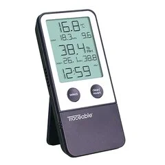 Cole-Parmer Digital Thermometer / Hygrometer Traceable Fahrenheit / Celsius 32-° to 122-°F (0-° to 50-°C) Internal Sensor Flip-out Stand / Wall Mount Battery Operated, 1/EA
