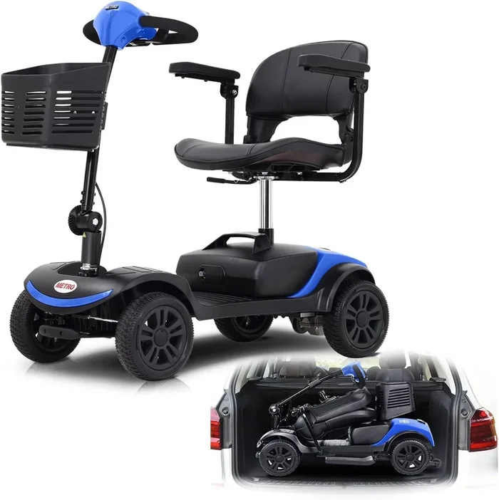 Compact Powered Mobility Scooter I 4 Wheel Folding Mobility Scooter with Basket I Easy to Fold in Boot Trunk I Blue