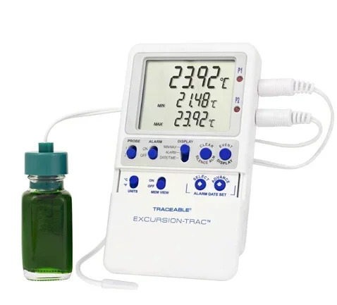 Control 3 Holdings LLC Traceable Excursion-Trac Datalogging Refrigerator / Freezer Thermometer Fahrenheit / Celsius -58° to 158°F (-50° to 70°C) Bottle Probe / Plastic Probe Multiple Mounting Options Battery Operated – 6434