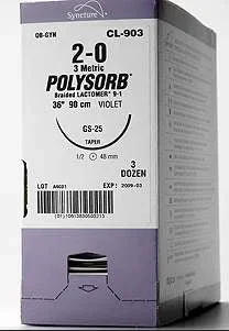 Covidien Polysorb Suture with Needle Absorbable Coated Violet Suture Braided Polyester Size 5-0 12 Inch Suture Double-Armed 8 mm Length 1/4 Circle Spatula Needle – L1785K