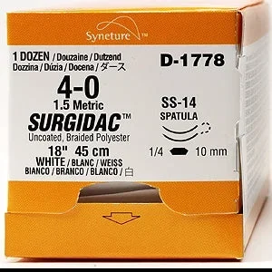 Covidien Surgidac Suture with Needle Nonabsorbable Uncoated White Suture Braided Polyester Size 4-0 18 Inch Suture Double-Armed 8 mm Length 1/4 Circle Spatula Needle – D1763K