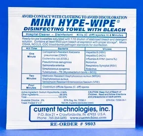 Current Technologies Mini HYPE-WIPE Surface Disinfectant Premoistened Wipe 100 Count Individual Packet Bleach Scent – 9803