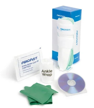 DJO Ankle Sprain Care Kit Ankle Sprain Management Kit Includes: Medium Air-Stirrup* Ankle Brace for Left Ankle, Ankle Wrap, Cold Pack, Exercise Band, Instructional DVD and Booklet – 02BLK