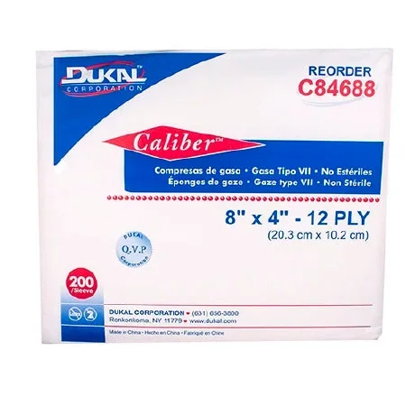 Dukal Caliber USP Type VII Gauze Sponge Cotton 12-Ply 4 X 8 Inch Rectangle NonSterile – C84688