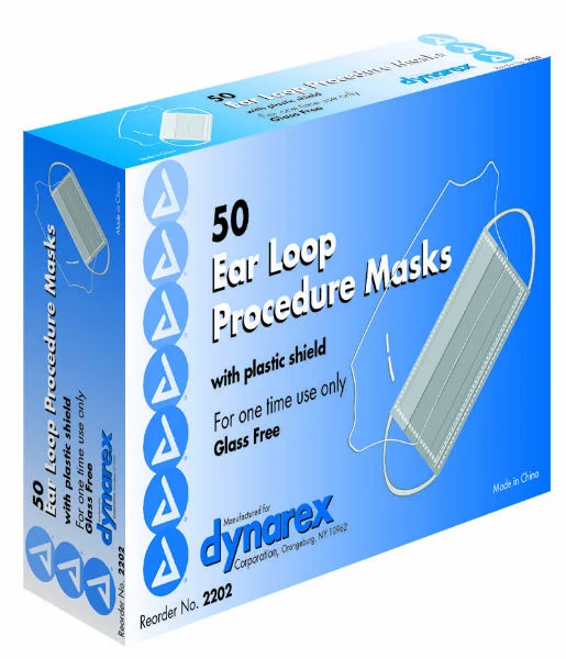 Dynarex Earloop Procedure Mask with Plastic Shield, Glass-Free Filter, Blue, 200/cs