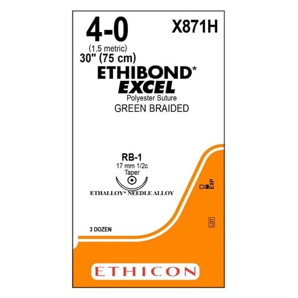 Ethibond Excel Suture 4-0 30″ Polyester Braid RB-1 Green 36/Bx