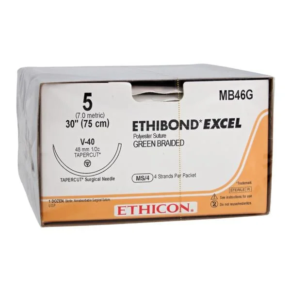 Ethibond Excel Suture 5 4×30″ Polyester Braid V-40 Green 12/Bx