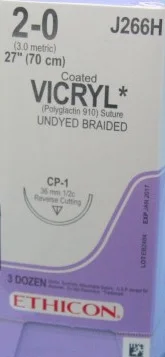 Ethicon Coated VICRYL Absorbable Suture, Reverse Cutting, 1/2 Circle, 36mm, 70cm, 2-0, 36/bx