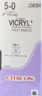 Ethicon Coated VICRYL Absorbable Suture, Taper Point, 1/2 Circle, 17mm, 70cm, Size 5-0, 36/bx