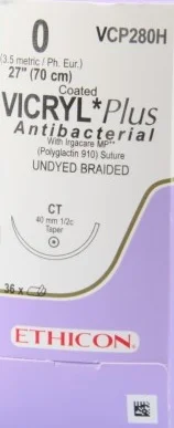 Ethicon Coated VICRYL Plus Antibacterial Suture, Taper Point, 1/2 Circle, Size 0, 36/bx