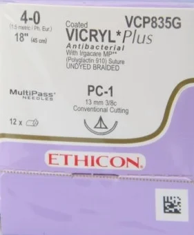 Ethicon Coated VICRYL Plus Suture, Conventional Cutting Prime, 3/8 Circle, 13mm, 4-0, 12/bx