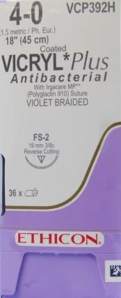 Ethicon Coated VICRYL Plus Suture, Reverse Cutting, 3/8 Circle, 19mm, 45cm, 4-0, 36/bx