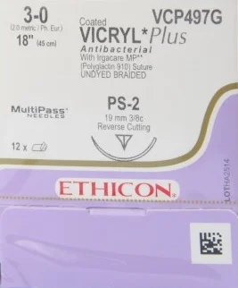 Ethicon Coated VICRYL Plus Suture, Reverse Cutting, 3/8 Circle, 19mm, 45cm, Size 3-0, 12/bx