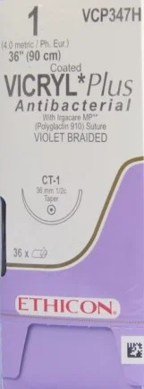 Ethicon Coated VICRYL Plus Suture, Taper Point, Violet, 1/2 Circle, 36mm, 90cm, Size 1, 36/bx
