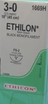 Ethicon Ethilon Non-Absorbable Suture, Reverse Cutting, Size 3-0, 18″, Each