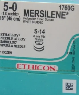 Ethicon Mersilene Suture, Sabreloc Spatula, 1/4 Circle, 8mm, 45cm, Size 5-0, 12/bx