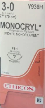Ethicon Monocryl Absorbable Suture, Reverse Cutting, 3/8 Circle, 24mm, Size 3-0, 36/bx