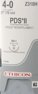 Ethicon PDS II Suture, Taper Point, SH-1, 1/2 Circle, 22mm, 70cm, Size 4-0, 36/Box