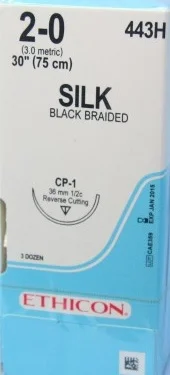 Ethicon Perma-Hand Silk Suture, Reverse Cutting, 1/2 Circle, 36mm, 75cm, Size 2-0, 36/bx