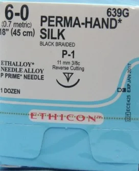 Ethicon Perma-Hand Suture, Reverse Cutting, 3/8 Circle, 11mm, 45cm, Size 6-0, 12/bx