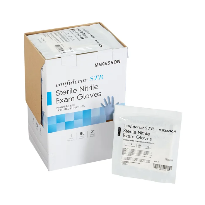 Exam Glove McKesson Confiderm® STR X-Large Sterile Pair Nitrile Standard Cuff Length Textured Fingertips Blue Not Rated