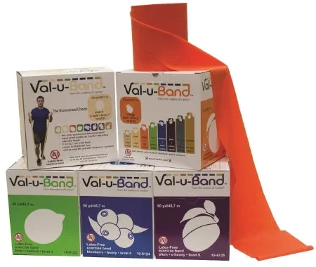 Fabrication Enterprises Val-u-Band Exercise Resistance Band Set Peach / Orange / Lime / Blueberry / Plum 50 Yard X-Light to X-Heavy Resistance – 1544521